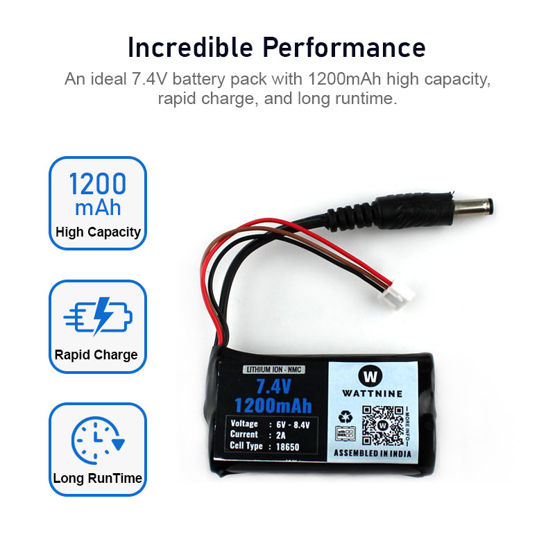 7.4V 1200mAh Rechargeable Lithium Battery Pack with Warranty (Includes BMS & Balance Pin) - 2S 1P — view 3