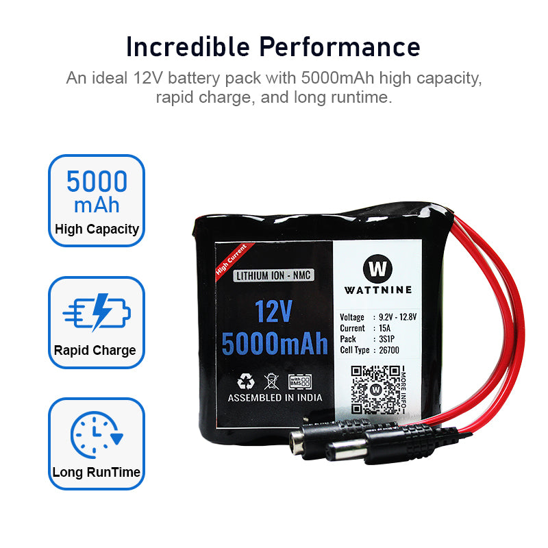 WATTNINE® 12V 5000mAh Lithium (NMC) Battery Pack with 3 year warranty - 3C High Current 26700 Cells with BMS — view 2