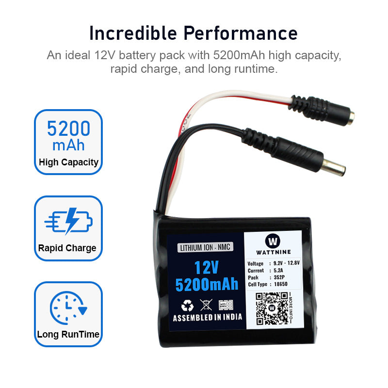 WATTNINE® 12V 5200mAh Lithium ion Battery Pack with 3 year Warranty — view 2