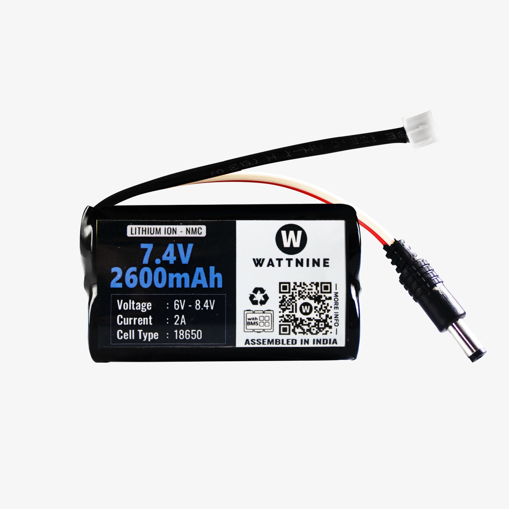 WATTNINE® 7.4V 2600mAh Rechargeable Lithium Battery Pack with Warranty (Includes BMS & Balance Pin) - 2S 1P — view 1