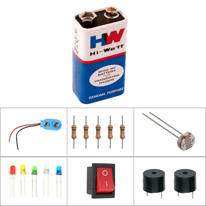 Hi-Watt 9V Battery With 5V Buzzer, Snap Connector, Switch, 1K Ohm Resistor, LDR Photoresistor sensor and 5mm LED — view 1