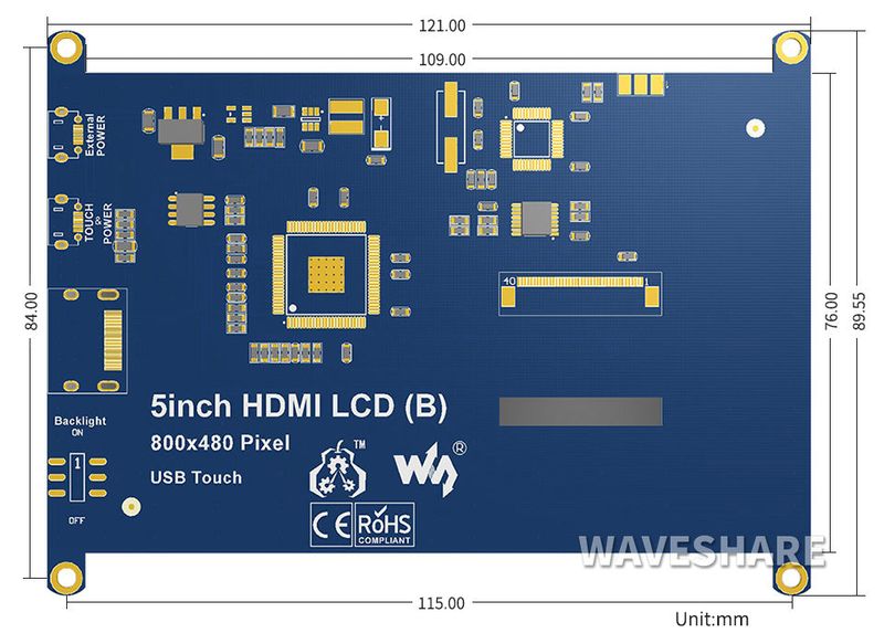 5inch Resistive Touch Screen LCD (B), 800×480, HDMI, Low Power Consumption — view 3