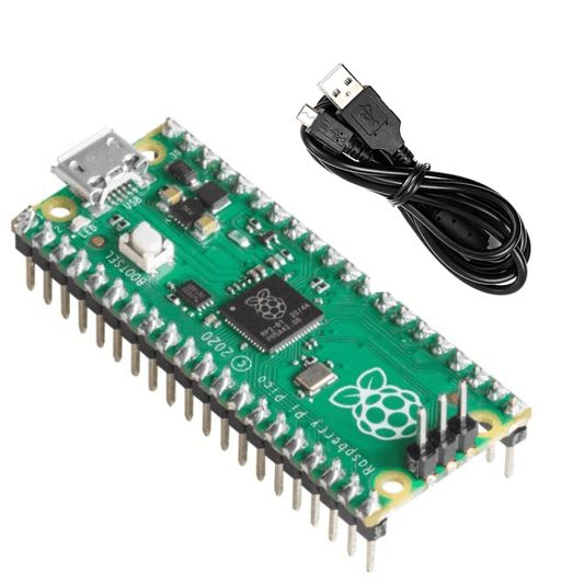 Raspberry Pi Pico with Headers and Micro USB Cable — view 1