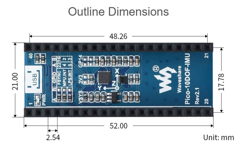 10-DOF IMU Sensor Module for Raspberry Pi Pico, onboard MPU9250 and LPS22HB chip — view 2
